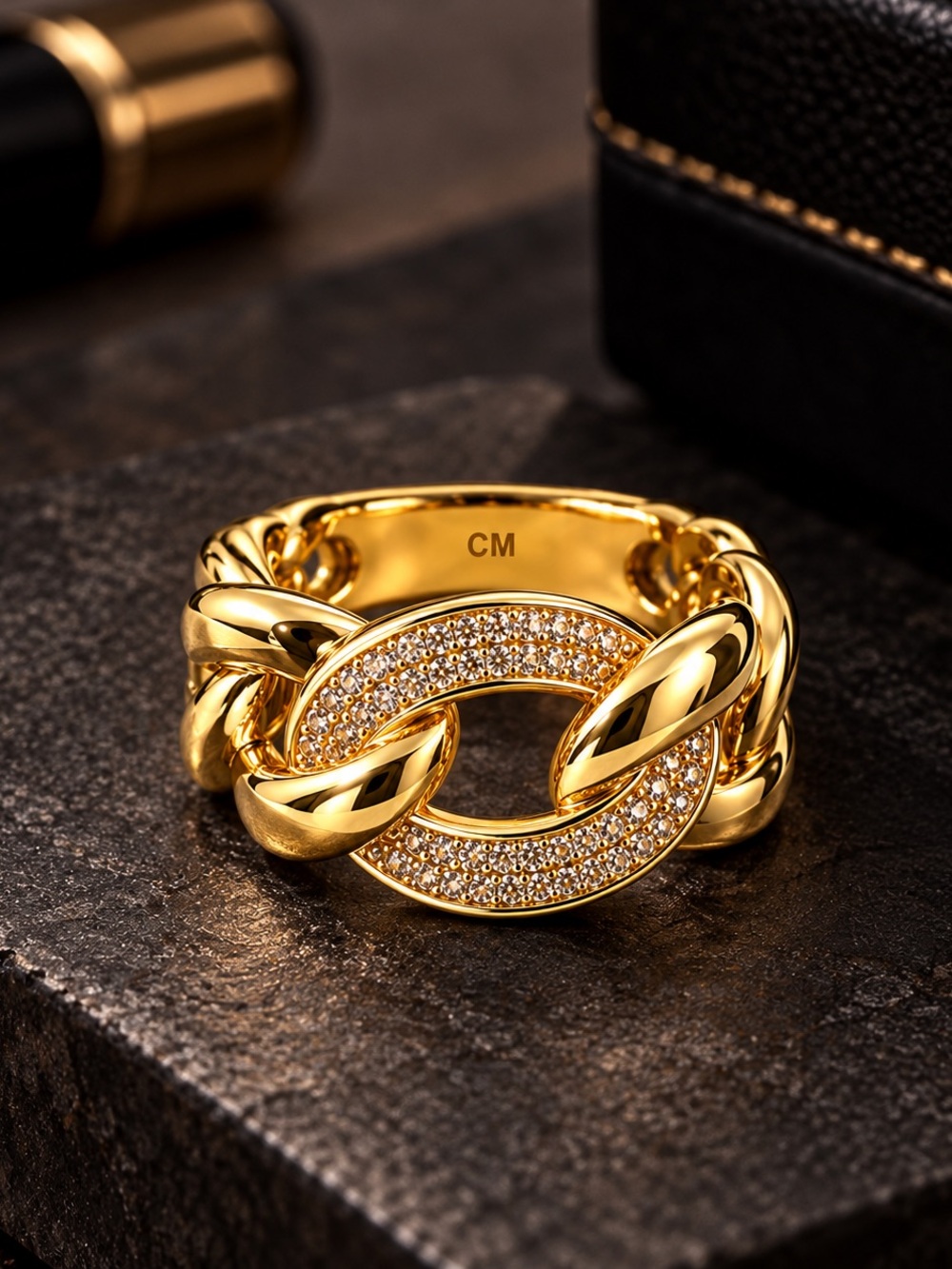 14K Gold Filled Men’s and Women’s Cuban Link Ring with Pavé Stones. Size 9.